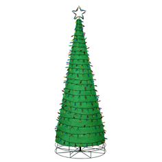 a green christmas tree on a stand with lights and decorations around the base, in front of a white background