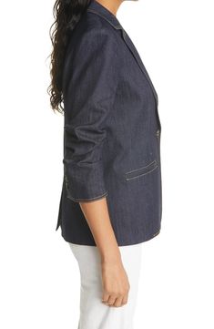 Cinq à Sept Khloe Ruched Sleeve Denim Blazer | Nordstrom Indigo Fabric, Lapel Blazer, Ruched Sleeve, Blazer Style, Denim Blazer, Tailored Blazer, Womens Blazers, Long Sleeve Blazers, Mens Fall