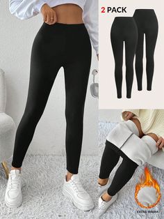 2Pcs Women's Solid Color Warm Base Layer  With Leggings, Autumn/Winter Black Casual   Knitted Fabric Plain Regular Medium Stretch  Women Clothing, size features are:Bust: ,Length: ,Sleeve Length: Stretch Bottoms With Solid Color For Winter, Stretch Solid Color Bottoms For Winter, Winter Stretch Bottoms In Solid Color, Stretch Winter Bottoms In Solid Color, Tight Fit Black Leggings For Winter, Casual Stretch Leggings For Winter, Trendy Stretch Leggings For Winter, Trendy Stretch Winter Leggings, High Stretch Casual Pants For Winter