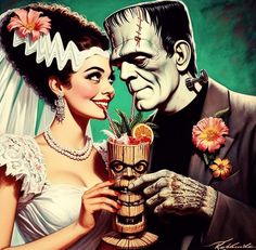 a couple dressed up as dracula and bride holding a cocktail in front of their face