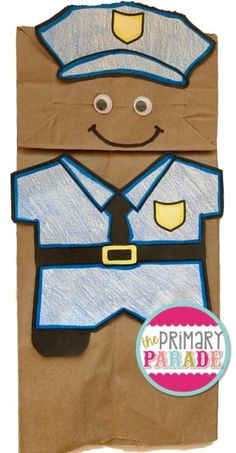 a brown paper bag with a drawing of a police officer on it's chest