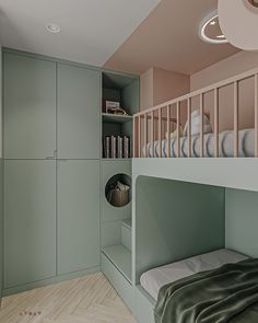 there is a bunk bed in the room with green walls and white sheets on it