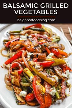 grilled vegetables on a white plate with text overlay that reads balsamic grilled vegetables