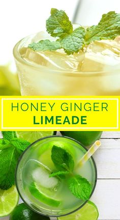 honey ginger limeade in a glass with ice and mint garnish