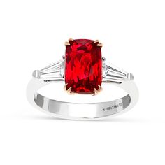 Elongated Red Spinel Three Stone Ring - With Diamond Baguettes 
Bring sparkle and sophistication to any look with this classic yet unique Elongated Red Spinel Ring. This majestic three-stone style features a trio of glistening gemstones and diamonds - the largest being an elongated red spinel center stone set in 18K rose gold double cat claw prongs with two kite-shaped diamond side stones flowing seamlessly into an 18K white gold band. Surprise your loved one with this exclusive, Gemstone Rings Vintage, Natural Ruby Ring, Red Spinel, Spinel Ring, Claw Prong, Cushion Ring, Cushion Cut Ring, Orange Sapphire, Green Sapphire