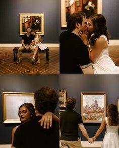 two people sitting on a bench in an art gallery, one kissing the other's forehead