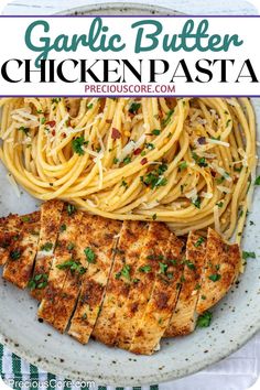 garlic butter chicken pasta on a white plate