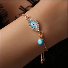 Gorgeous Turquoise Evil Eye Adjustable Bolo Bracelet Amazing Quality Bundle For Savings Blue Resizable Bangle Jewelry, Blue Charm Bracelet With Adjustable Chain, Adjustable Blue Evil Eye Charm Bracelet, Blue Adjustable Bangle Bracelet, Blue Resizable Bangle Bracelet, Blue Casual Jewelry With Adjustable Chain, Bohemian Blue Chain Bracelet As A Gift, Bohemian Blue Chain Bracelet For Gift, Bohemian Blue Chain Bracelet Gift