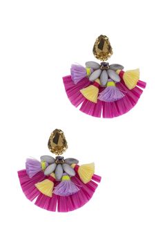 When you wear our Multi Tassel Fiesta Earrings, you are the life of the party. This playful design features polyester tassels on our bright raffia ribbon fan and comes to life with shining glass beads and stones. The studded backs will secure the sparkling stones right where they should be. Wear as a pair or match with the Fiestal Floral Necklace! Materials: Raffia, Mother of Pearl Bead, Polyester Tassel, Glass Bead, Glass Stone, Brass Setting, Polyester Cord, Iron Clasp, Iron Jump Ring Size: 2. Party Beaded Fringe Earrings Adjustable, Trendy Beaded Tassel Earrings For Summer, Trendy Summer Beaded Tassel Earrings, Spring Beach Tassel Earrings, Spring Beach Tassel Drop Earrings, Summer Party Beaded Fringe Earrings, Elegant Multicolor Tassel Earrings For Party, Multicolor Dangle Tassel Earrings For Spring, Multicolor Beaded Tassel Earrings For Party