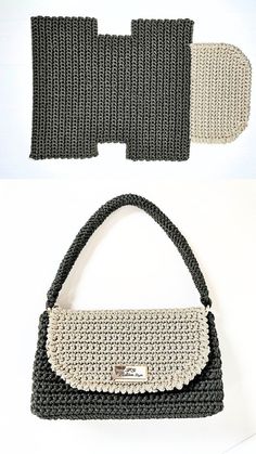 two crocheted purses, one in black and the other in grey with white trim