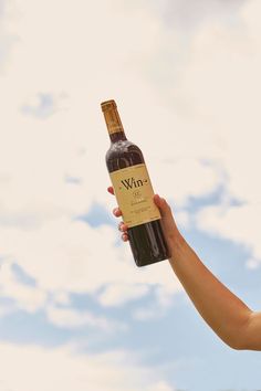 a person holding up a wine bottle in the air with clouds in the background and blue sky