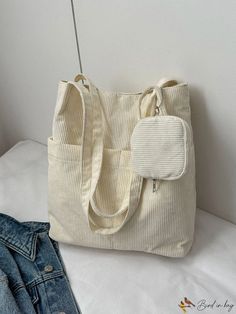 BirdinBag - Preppy Beige Shopper Bag with Coin Purse - Polyester Material Cargo Tote Bag, Cute Tote Bags For School, Tote Bags With Zipper, Tote Bag School, Beige Tote Bag, Tote Bag With Pockets, Tote Bags For School, Casual Tote Bag, College Work