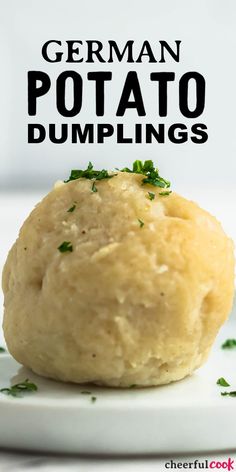 closeup of a freshly cooked German potato dumpling on a white plate German Potato Balls Recipe, German Potato Dumpling Soup, Freeze French Fries