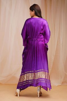 Violet kaftan with placed bead, sequin embroidered floral butterfly patterns, pleated detail on an tonal ombre base. - Aza Fashions Kaftan Women, Butterfly Patterns, Kaftan For Women, Floral Butterfly, Cape Sleeves, Fashion App, Satin Silk, Butterfly Pattern, Embroidered Silk