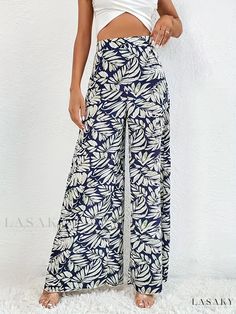 Lasaky - Womens Plus-Size Boho Pants: Leaf Print Waistband, High-Waist, Wide-Leg and Loose Fit Wide Leg Printed Vacation Bottoms, Printed Wide Leg Bottoms For Vacation, Vacation Wide Leg Printed Bottoms, Summer Wide Leg Printed Bottoms, Non-stretch Printed Pants For The Beach, High Waist Printed Vacation Pants, High Waist Printed Bottoms For Vacation, High Waist Printed Pants For Vacation, High-waist Printed Pants For Vacation