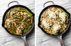 two pans filled with food on top of a marble countertop next to each other