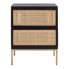 two wicker drawers with black top and gold legs, one on the left side