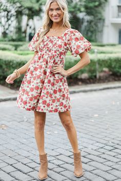 This babydoll dress is so precious and we love print! This floral dress is going to look fabulous for any nice event! This dress will style beautifully with your favorite heels or booties! Square neckline Short bubble sleeves Babydoll cut Pockets Floral print No stretch Baileigh is wearing the small. Floral Babydoll Dress, Floral Cocktail Dress, Black Tie Dress, Love Print, Cute Rompers, Sweater Tank Top, Girl Sweatshirts, Romper With Skirt, Brick Red