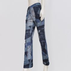 MOSCHINO COUTURE - RESORT 2018 patchwork denim print trousers Vintage pants from resort 2018 collection in fluid denim effect fabric by Italian brand Moschino Couture. The pants have a slightly flared cut on the legs. It is made from a fluid, slightly stretchy synthetic fabric, printed with a denim patchwork pattern. There is a mini pocket on the back and 2 on the front. Size label: no size label Perfect for a size S Composition: no composition label, but it is a fluid fabric, maybe a mix with s Grunge Pants, Patchwork Trousers, Y2k Trousers, 90s Pants, Vintage Moschino, Patchwork Pants, Denim Print, S Composition, Moschino Couture