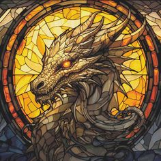 a stained glass window with a dragon on it