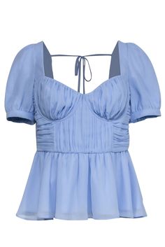 Current Boutique-Self-Portrait - Light Blue Pleated Peplum Top Sz 10 Trendy Light Blue Ruffled Top, Light Blue Feminine Blouse With Ruffles, Chic Blue Peplum Top With Ruffles, Light Blue Feminine Ruffle Tops, Blue Peplum Top, French Girl Chic, Short Puff Sleeve, Portrait Lighting, Chic Shop