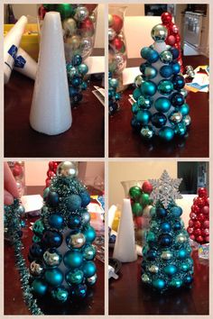 four different pictures of christmas trees with ornaments on the top and bottom, in various stages of being decorated