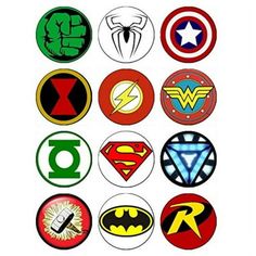 the avengers and superman logos are shown in different colors, sizes and shapes on this button set