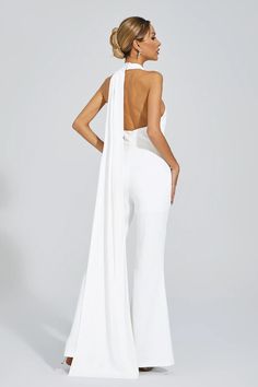 Summer Formal Backless Strapless Jumpsuit, Backless Strapless Jumpsuit For Summer Formal, Elegant Fitted Halter Neck Strapless Jumpsuit, Elegant Halter Neck Jumpsuits For Night Out, Elegant Fitted Strapless Jumpsuit For Wedding, Fitted Backless Strapless Jumpsuit For Party, Elegant Stretch Strapless Jumpsuit For Party, White Backless Halter Top For Evening, Chic Fitted Jumpsuit For Banquet