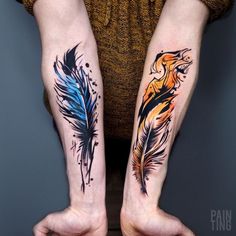 two people with tattoos on their arms holding each other's hands and one has a colorful feather tattoo on it