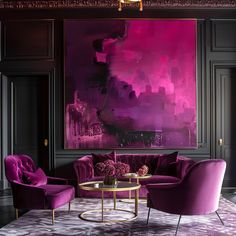 a living room with purple chairs and a painting on the wall above it, along with a round coffee table