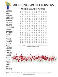 the word search is shown with flowers