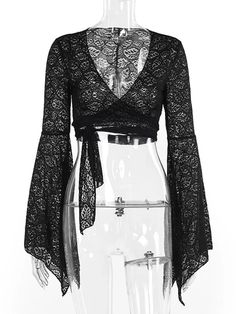 Victorian Goth Style Black Bell Sleeves Lace Tied Cardigan Gothic Lace Top For Fall, Gothic Lace Tops For Fall, Gothic Tops With Lace Trim For Fall, Witchy Long Sleeve Party Tops, Witchy Long Sleeve Tops For Party, Gothic Stretch Lace Tops, Vampire Goth Clothes, Casual Vampire Outfits, Clymene Moth