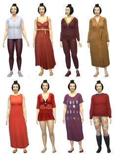 six different types of women's clothing in various colors and sizes, all with short sleeves