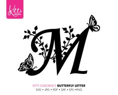 the letter m is decorated with butterflies and leaves, as well as a butterfly on top