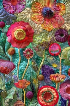 an art quilt with colorful flowers on it