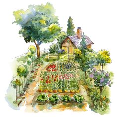 a watercolor painting of a vegetable garden