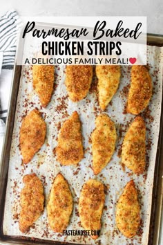 parmesan baked chicken strips on a baking sheet