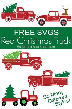 three red trucks with christmas trees on them