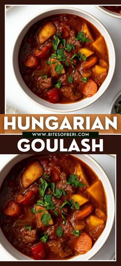 two bowls of hungarian goulash with carrots and parsley