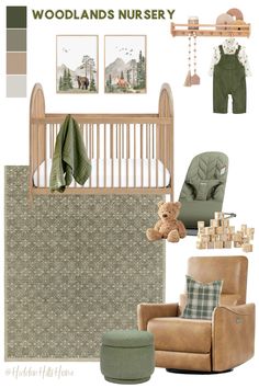 a baby's nursery with green and brown accents