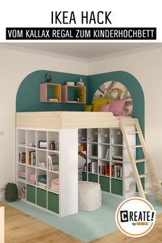 there is a bunk bed with bookshelves in the room