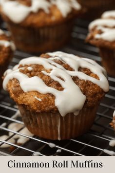 cinnamon roll muffins with white icing on a cooling rack and text overlay that reads, cinnamon roll muffins