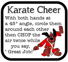 a sign with an image of a cartoon character in the middle of it that says karate cheer