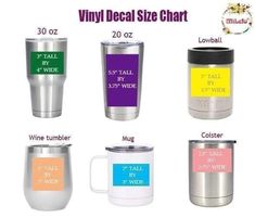 the different types of travel mugs are shown in this image, with their names on them