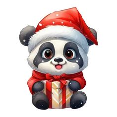 a panda bear wearing a santa hat and holding a present