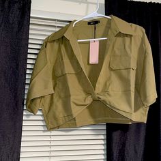 Cropped Khaki Colored Low Cut Shirt *No Stretch* Size Xxl But Fits Like A L/Xl, Not For Big Bust/Chest Collared Khaki Tops For Day Out, Khaki Collared Top For Day Out, Chic Collared Khaki Top, Khaki Collared Tops For Spring, Low Cut Shirt, Cut Shirt, Big Bust, Cropped Shirt, Khaki Color