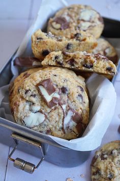 chocolate chip cookies in a tin on a table