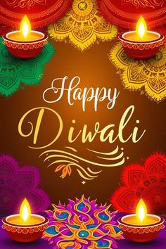 happy diwali greeting card with candles and colorful decorations on a dark brown background