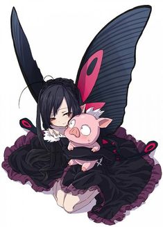 an anime character holding a pig with wings on it's back and wearing black clothes