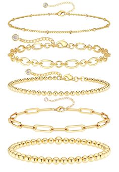 PRICES MAY VARY. 【5Pcs GOLD BRACELETS SET】:👜 Set contains: ①Gold Beaded Bracelet ②Small Beaded Bracelet ③Paperclip Bracelet ④Halo Link Bracelets ⑤Satellite Bracelets. These Bracelets are suitable for layering as well as being worn alone. 【BRACELETS SIZE】: 📏 Each Bracelet length 6.5”+ 2.5” extender. Strong lobster clasp design, you can easily to adjust bracelets length by yourself, this ankle bracelets suitable for women and teen. 【BRACELET MATERIAL】: 💎14k gold filled bracelets, lead free, nic Gold Bracelets Beads, Amazon Bracelet Stack, Trending Womens Jewelry, Christmas Gift Ideas Trendy, Bracelet Mini Beads, Trendy Teen Jewelry, Evry Jewels Bracelet Stack, Amazon Gold Bracelets, Christmas Wishlist Jewelry